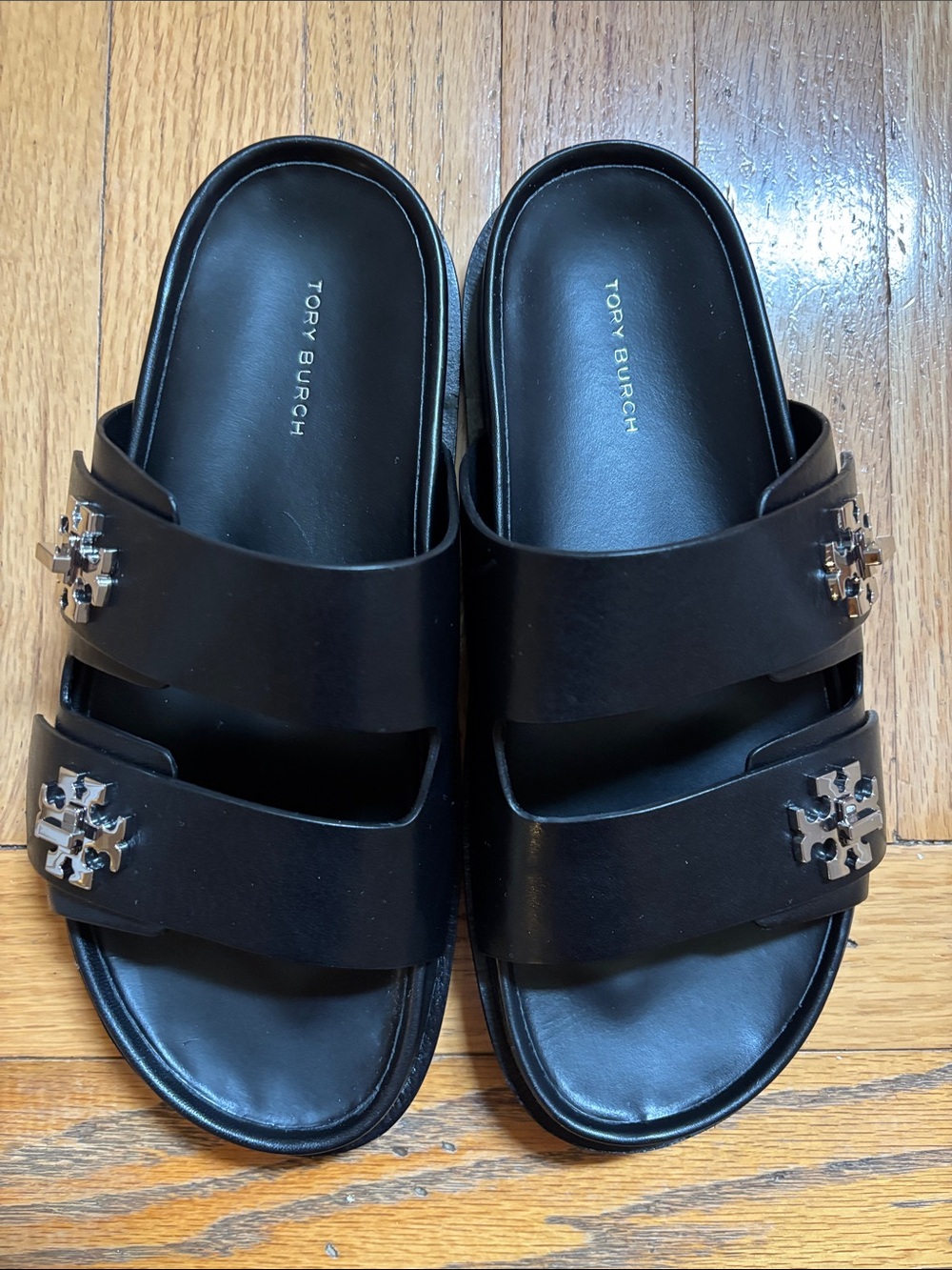 Tory Burch Black Turnlock slide leatherLogo Slide Sandals nwt 8